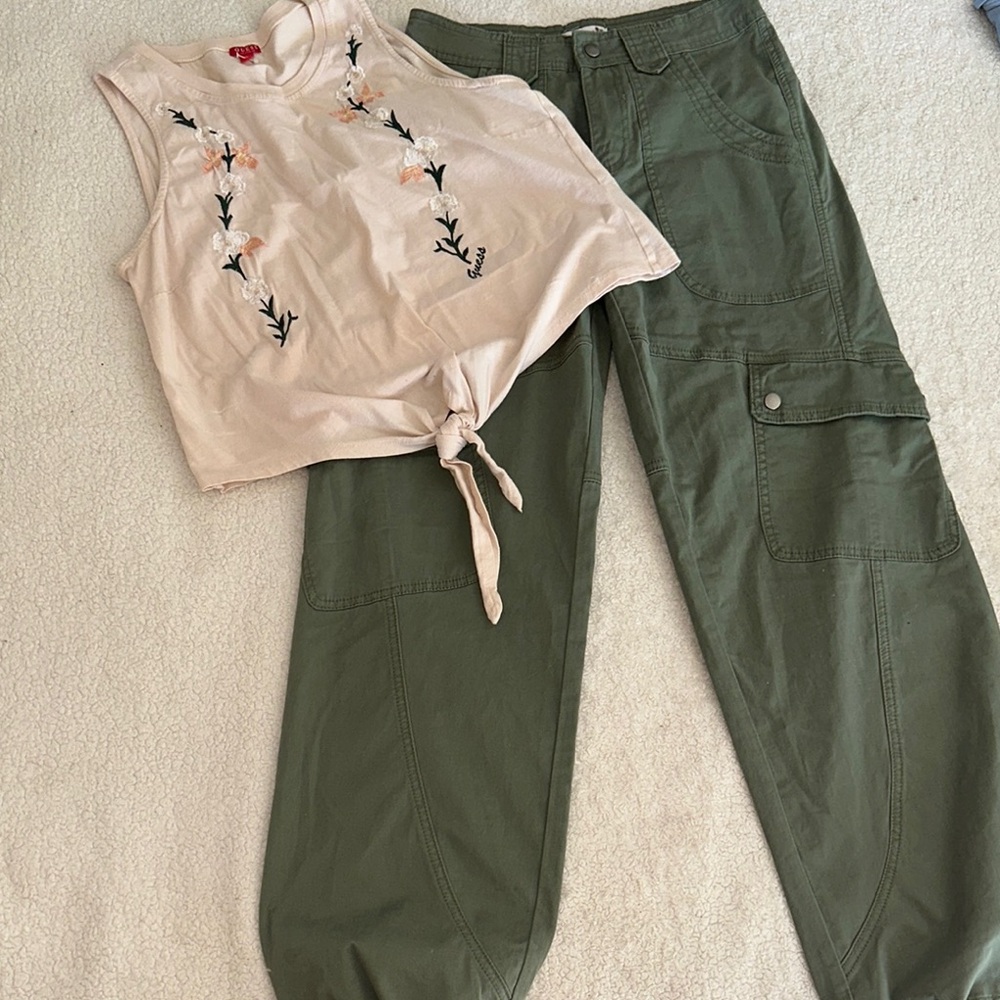 Madras Stylish Olive Green Cargo Pants/ Guess top - Picture 2 of 10